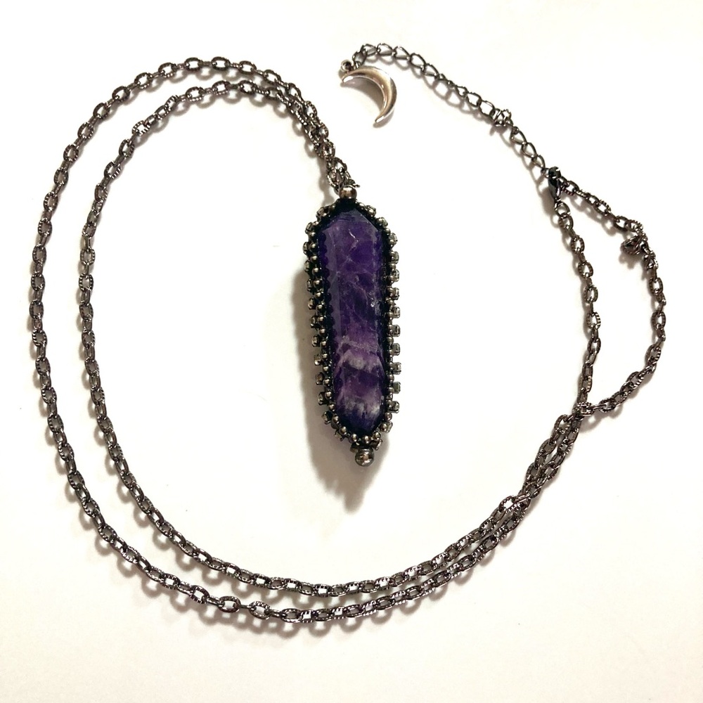 Genuine raw long amethyst crystal stone boho charm moon necklace - Picture 7 of 14